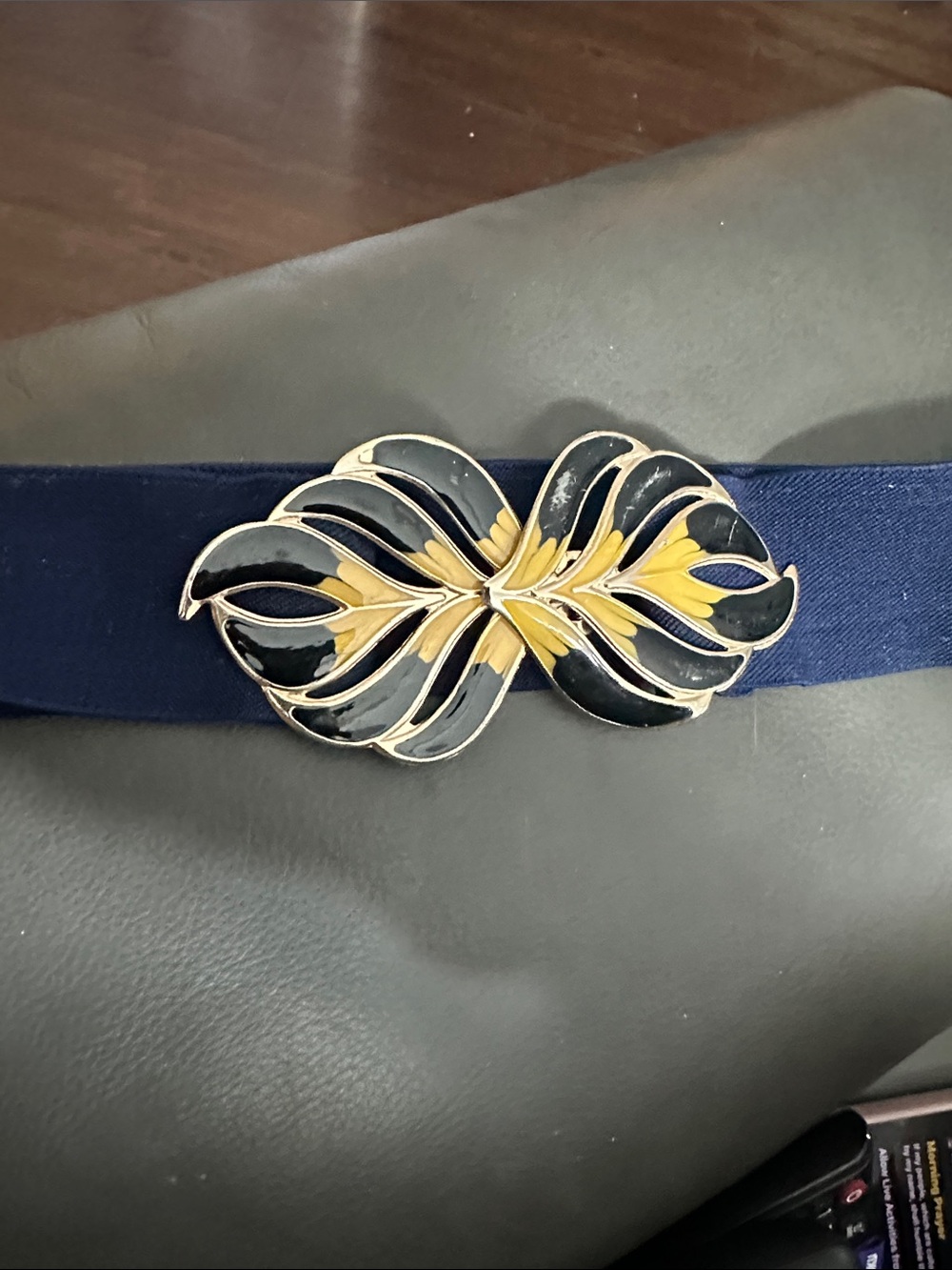 Vintage Navy Elastic Belt with Black and Gold Decorative Buckle